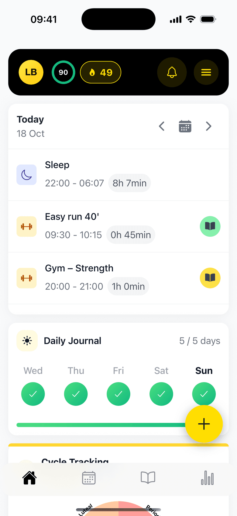 Athlog app: today's sessions, sleep and daily journal streak