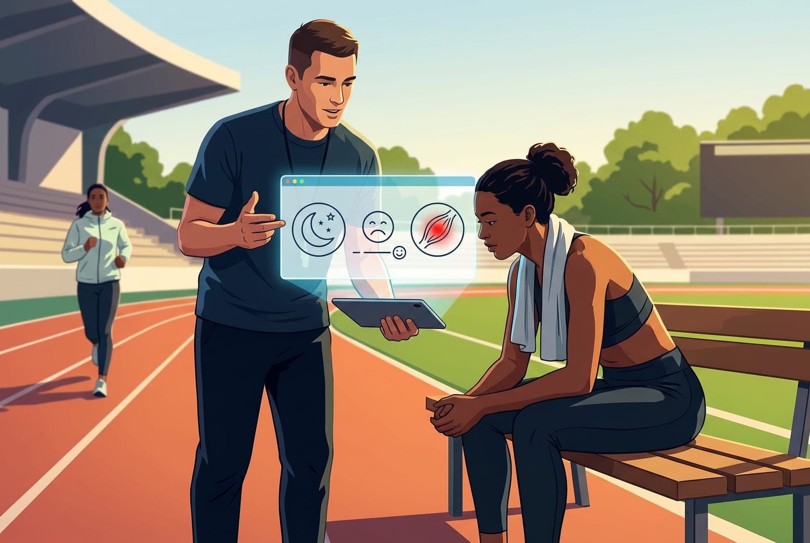 Leichtathletik-Coach zeigt einer Athletin ihre Schlaf-, Stimmungs- und Muskelkater-Trends, um über eine Deload-Woche zu entscheiden