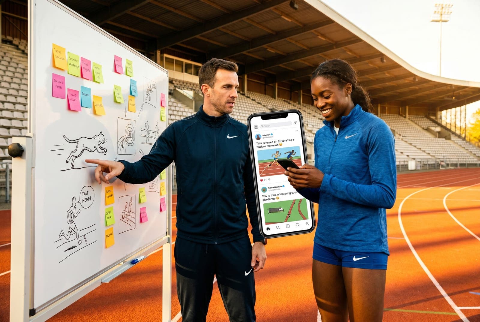 Leichtathletik-Coach und Sprinterin lachen über Meme-Ideen auf dem Handy neben dem Planungs-Whiteboard
