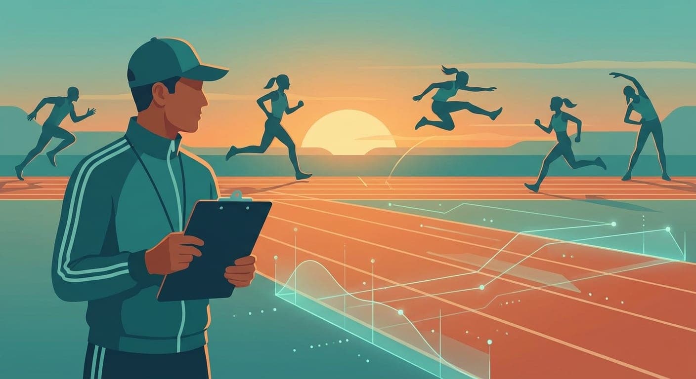 Leichtathletik-Trainer bespricht RPE-Bewertungen mit seiner Trainingsgruppe auf der Bahn