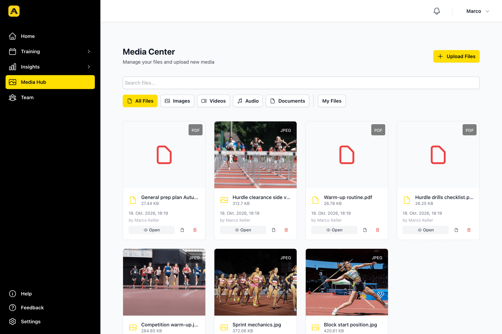 Media center with training plans, drills and photos