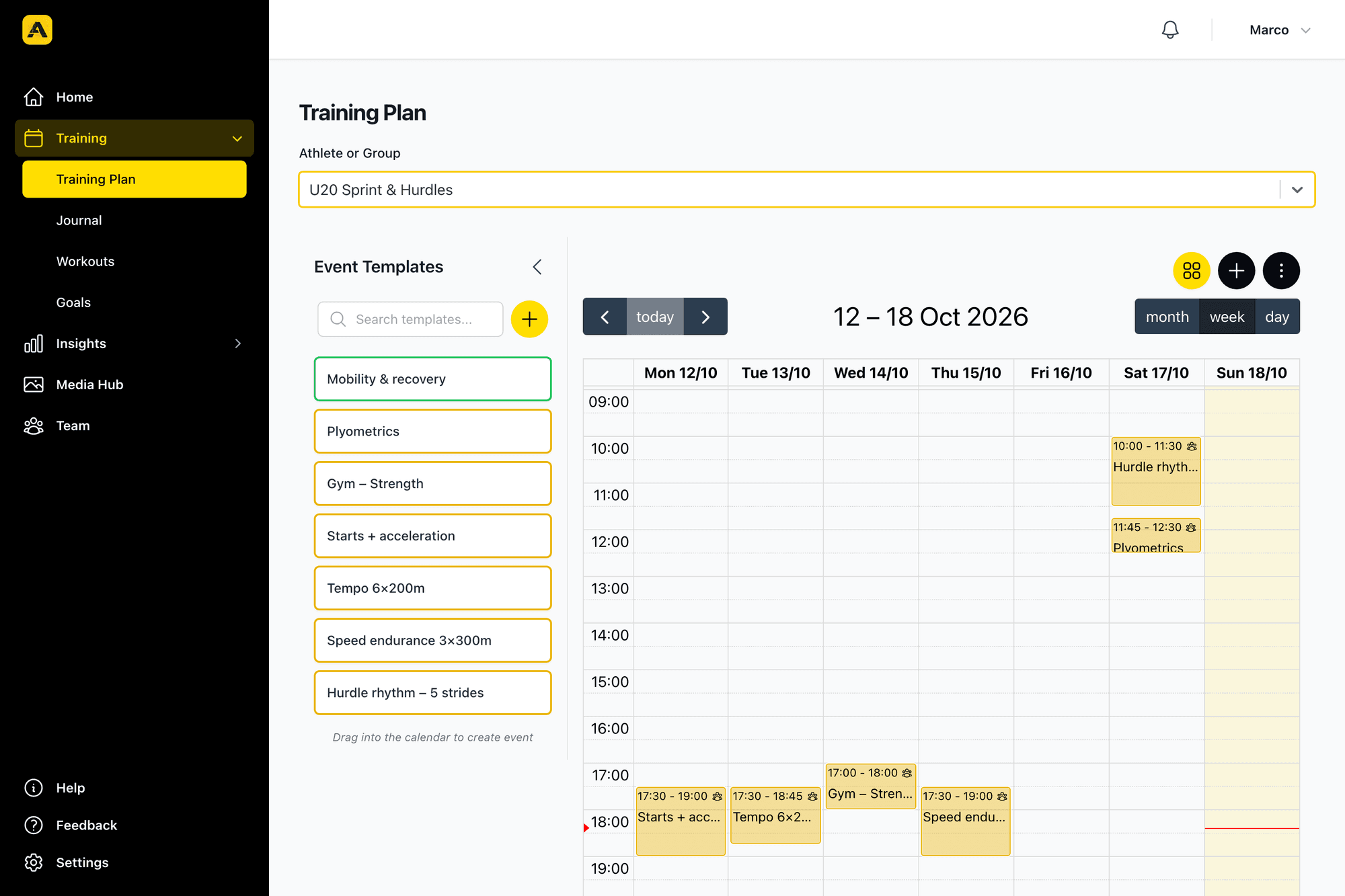 Training plan with event templates and the group calendar