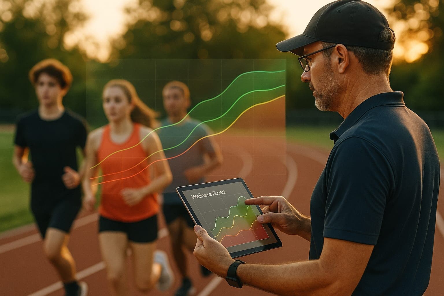 Leichtathletik-Trainer prüft die Trainingsbelastung auf dem Tablet, während Nachwuchsathlet:innen auf der Bahn laufen