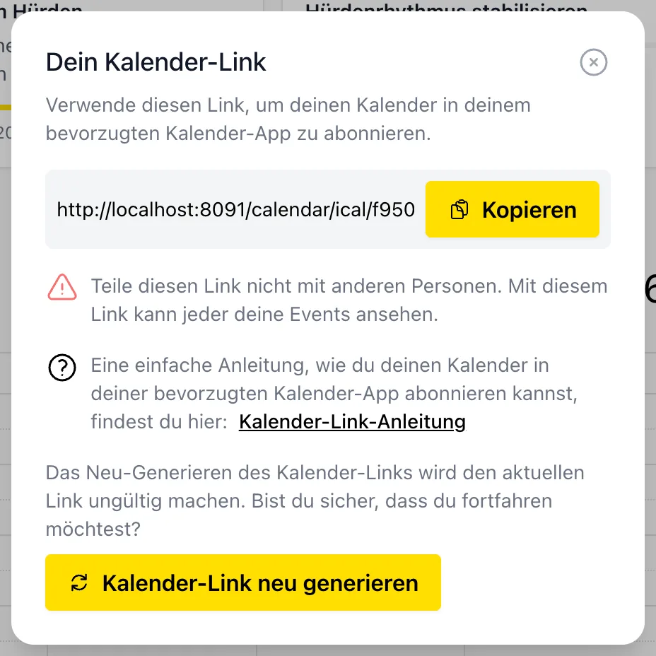 Dialog mit dem Kalender-Link und dem Button zum Kopieren