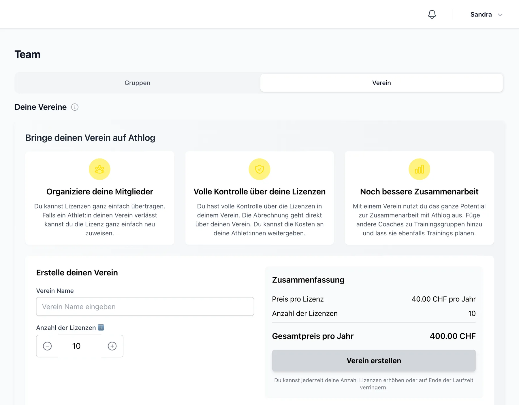Tab «Verein» mit den Vorteilen und dem Lizenzrechner
