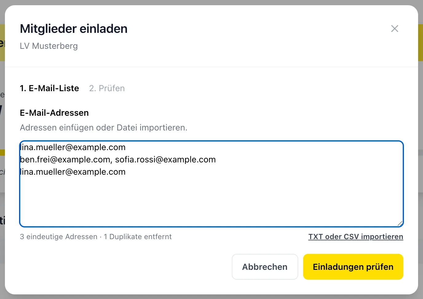 Dialog «Mitglieder einladen» mit einer eingefügten Liste von E-Mail-Adressen