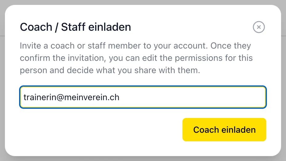 Dialog zum Einladen eines Coaches mit einer E-Mail-Adresse