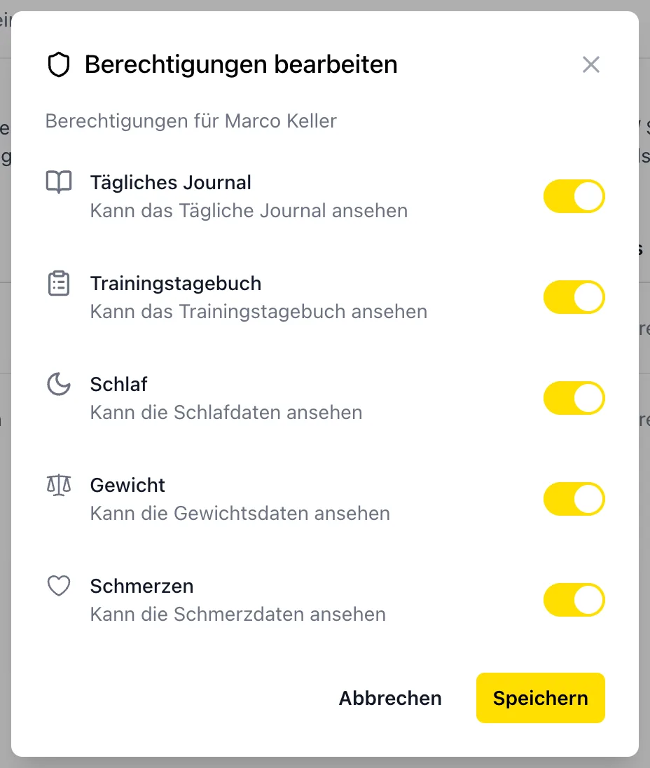 Dialog für Berechtigungen mit Schaltern für Journal, Schlaf, Gewicht, Schmerzen und Zyklus