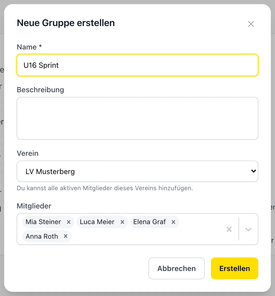 Dialog «Neue Gruppe» mit Name und Mitgliedern