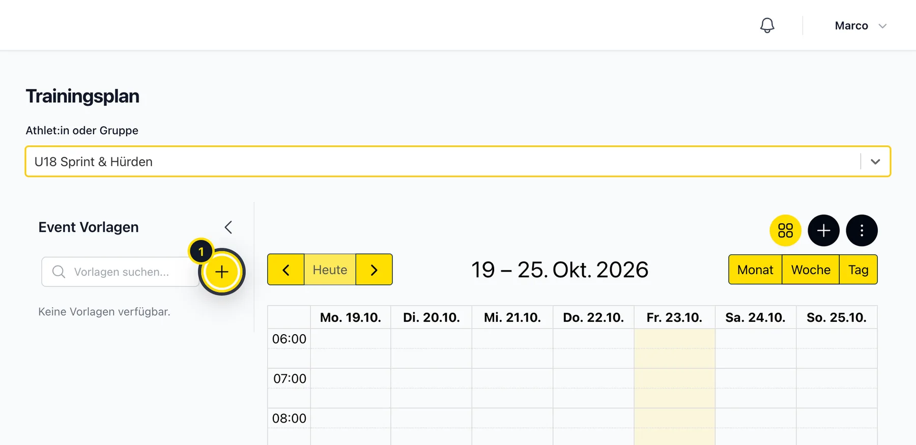 Trainingsplan mit der Seitenleiste der Event-Vorlagen und dem Plus-Button