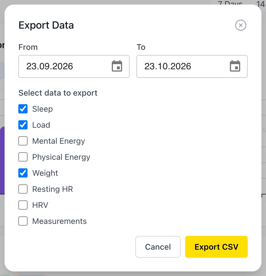Export data dialog with date range and data types