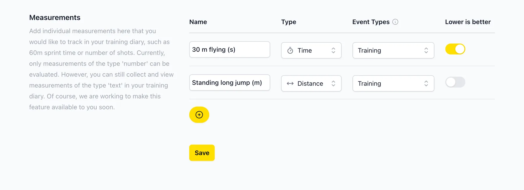 Measurements section in the athlete settings