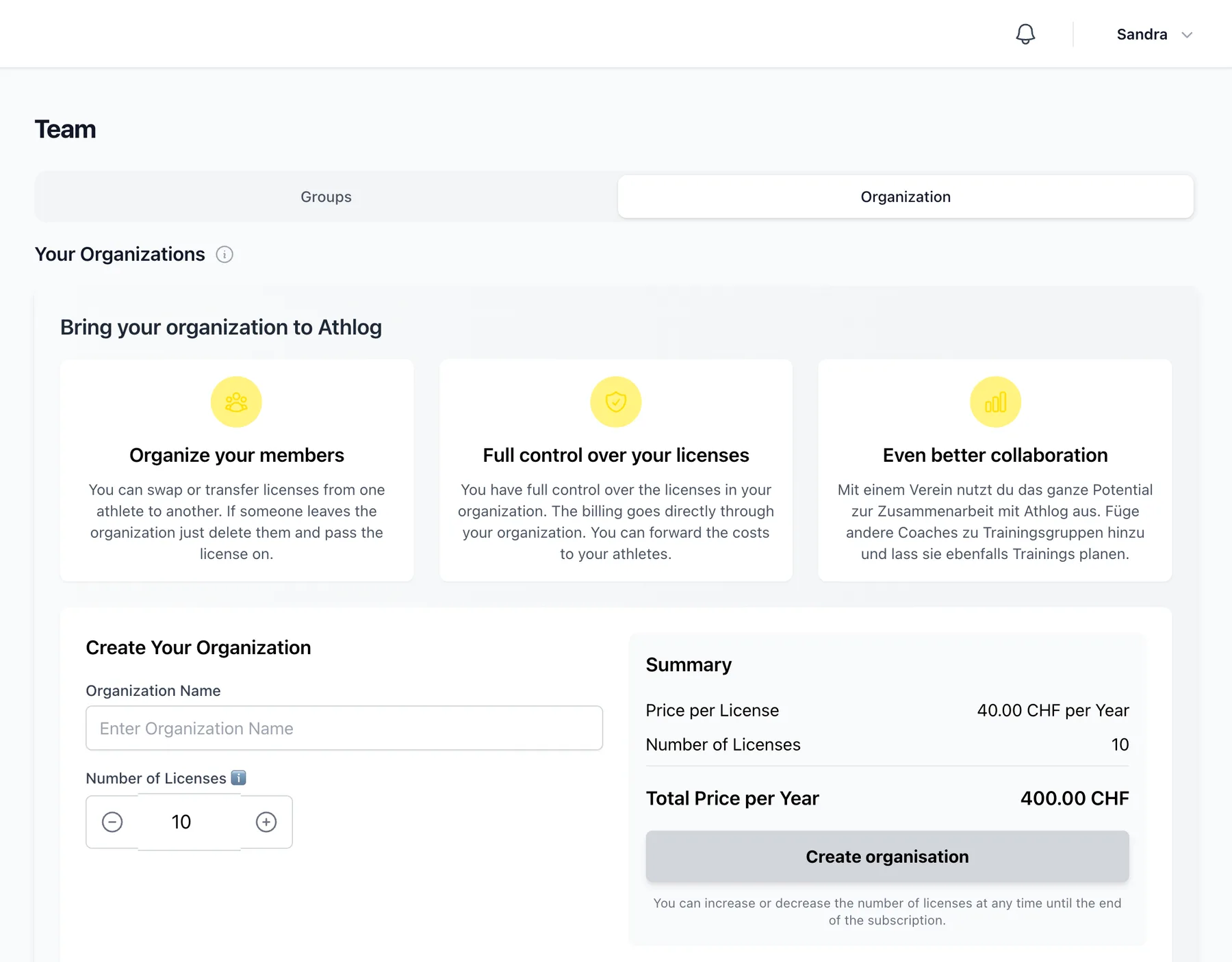 Organization tab with the benefits and the license calculator