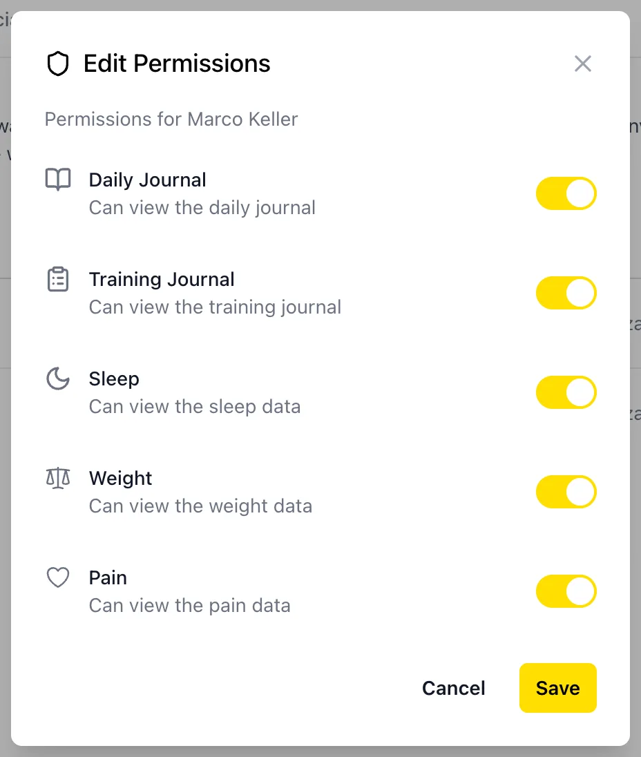 Permissions dialog with switches for journal, sleep, weight, pain and menstrual cycle