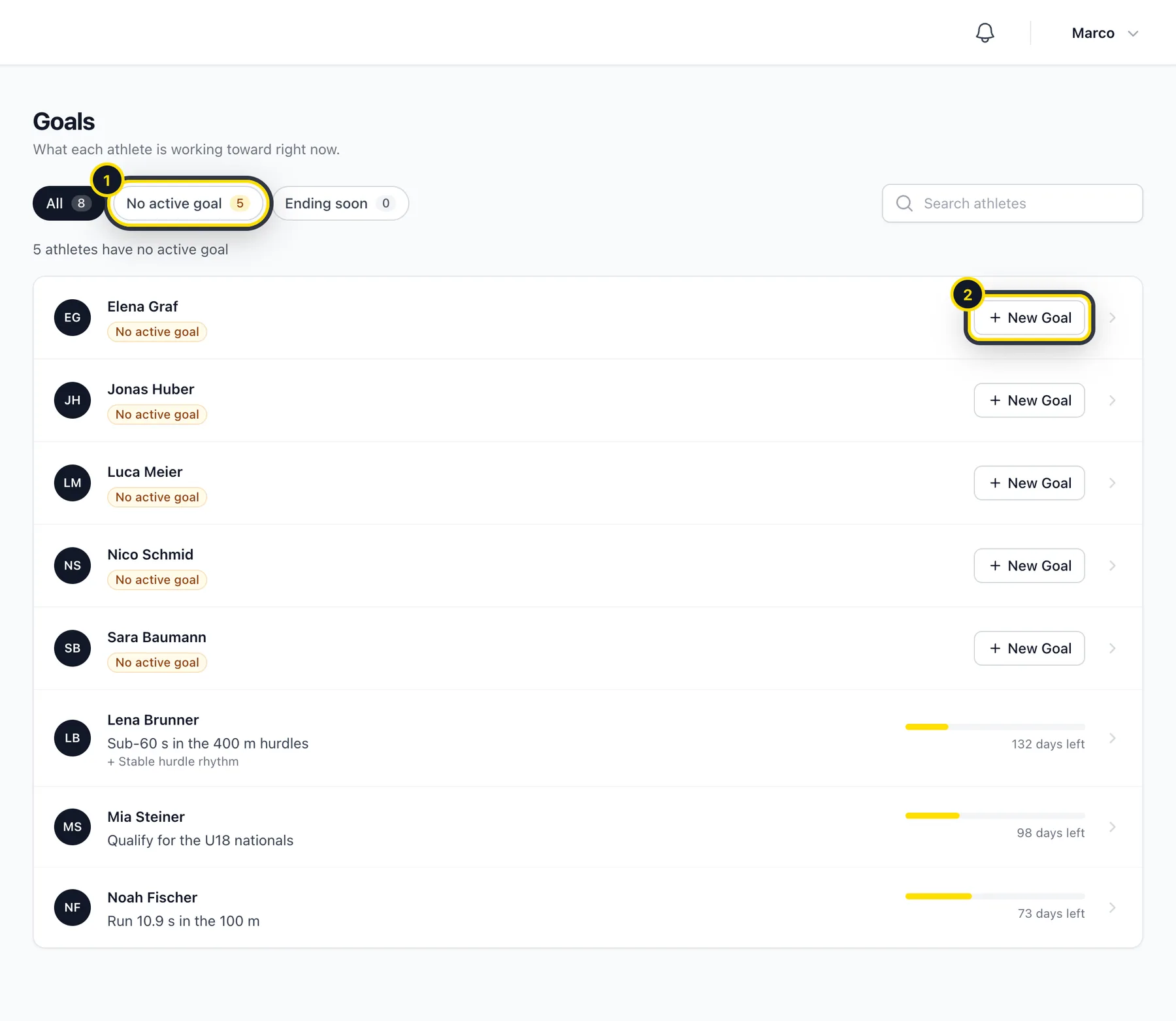 Goals overview with filters and New Goal buttons