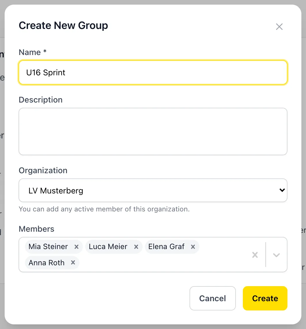 New group dialog with name and members