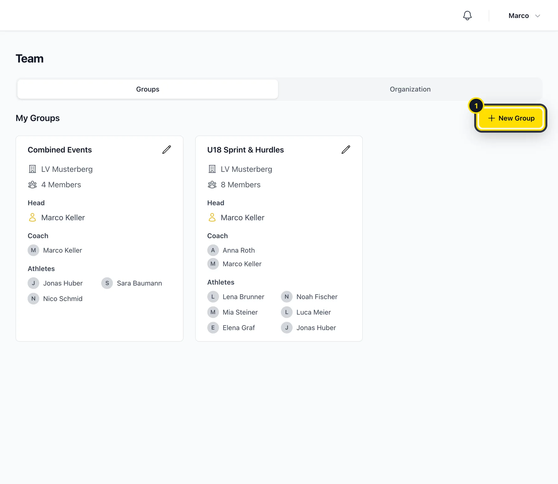 Team page with group cards and the New Group button