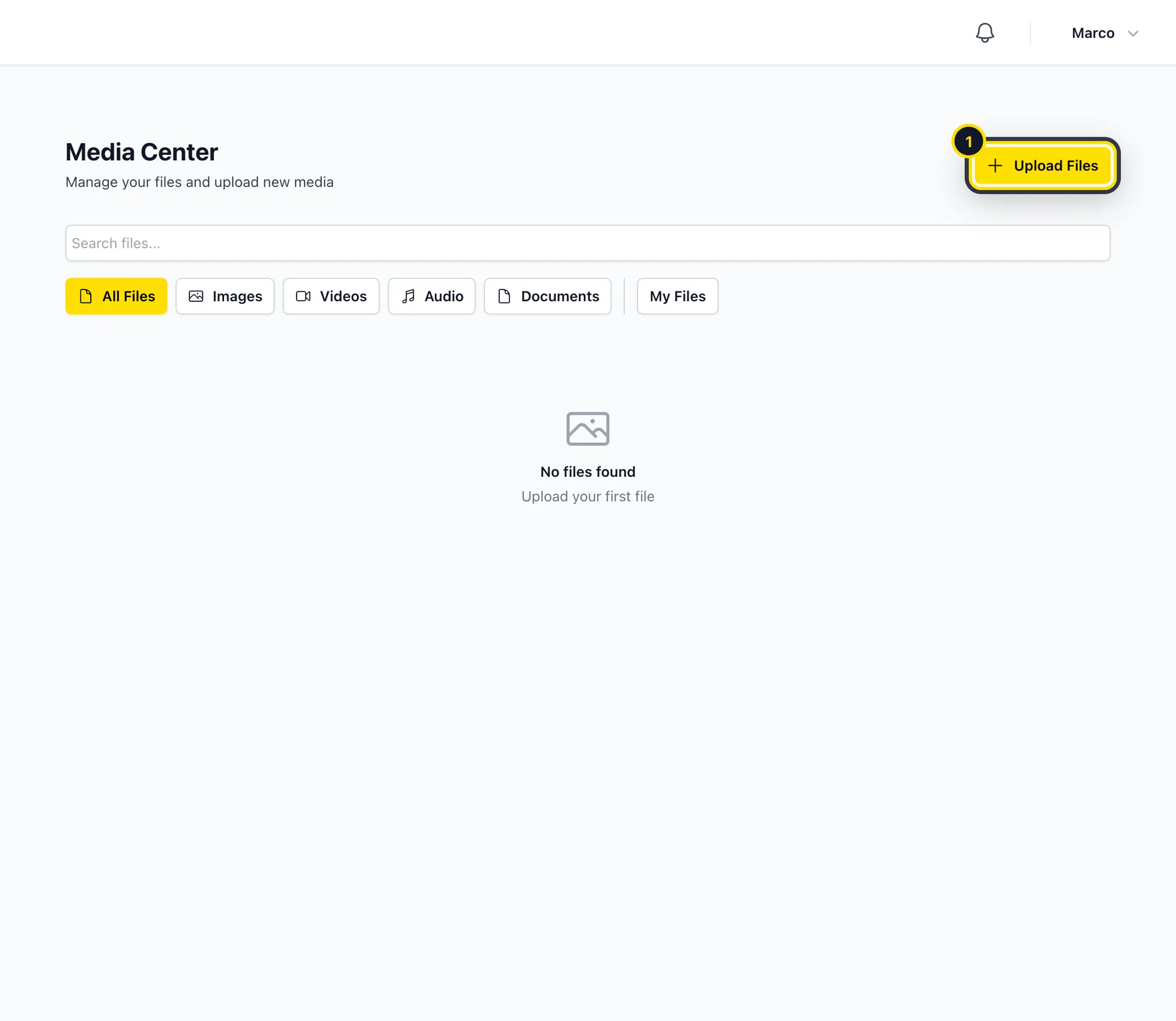 Media Hub with the Upload Files button