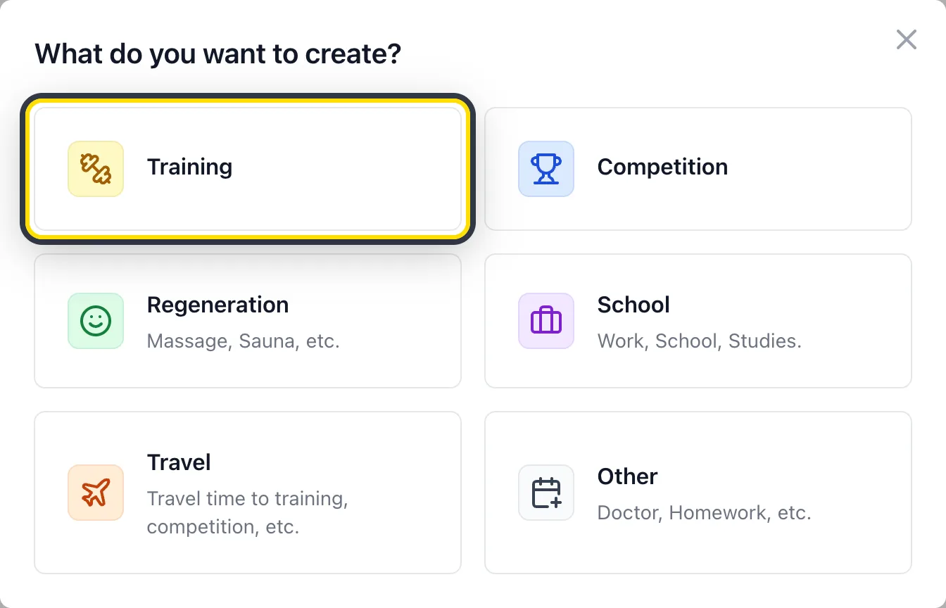 Dialog asking what you want to create, with Training highlighted