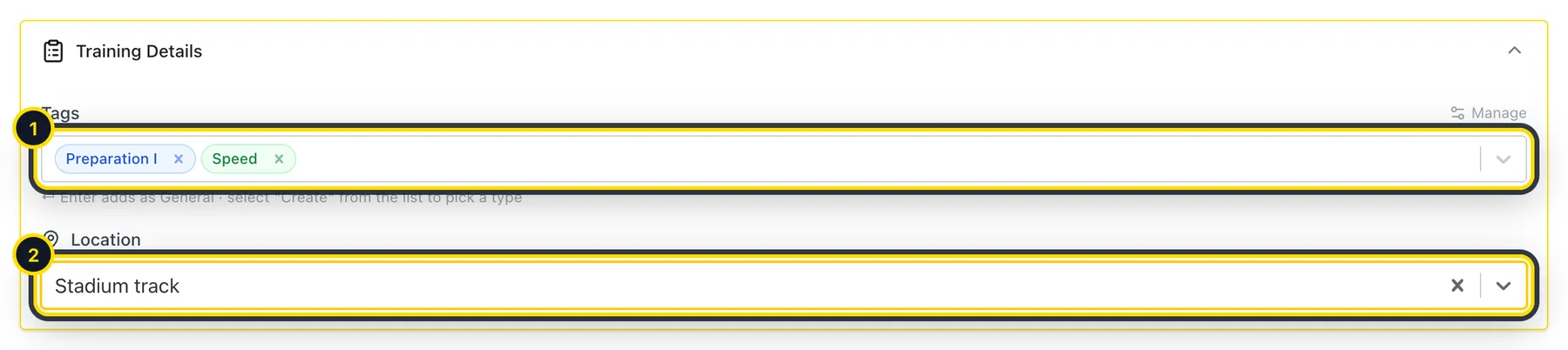 Training details with tags and location filled in
