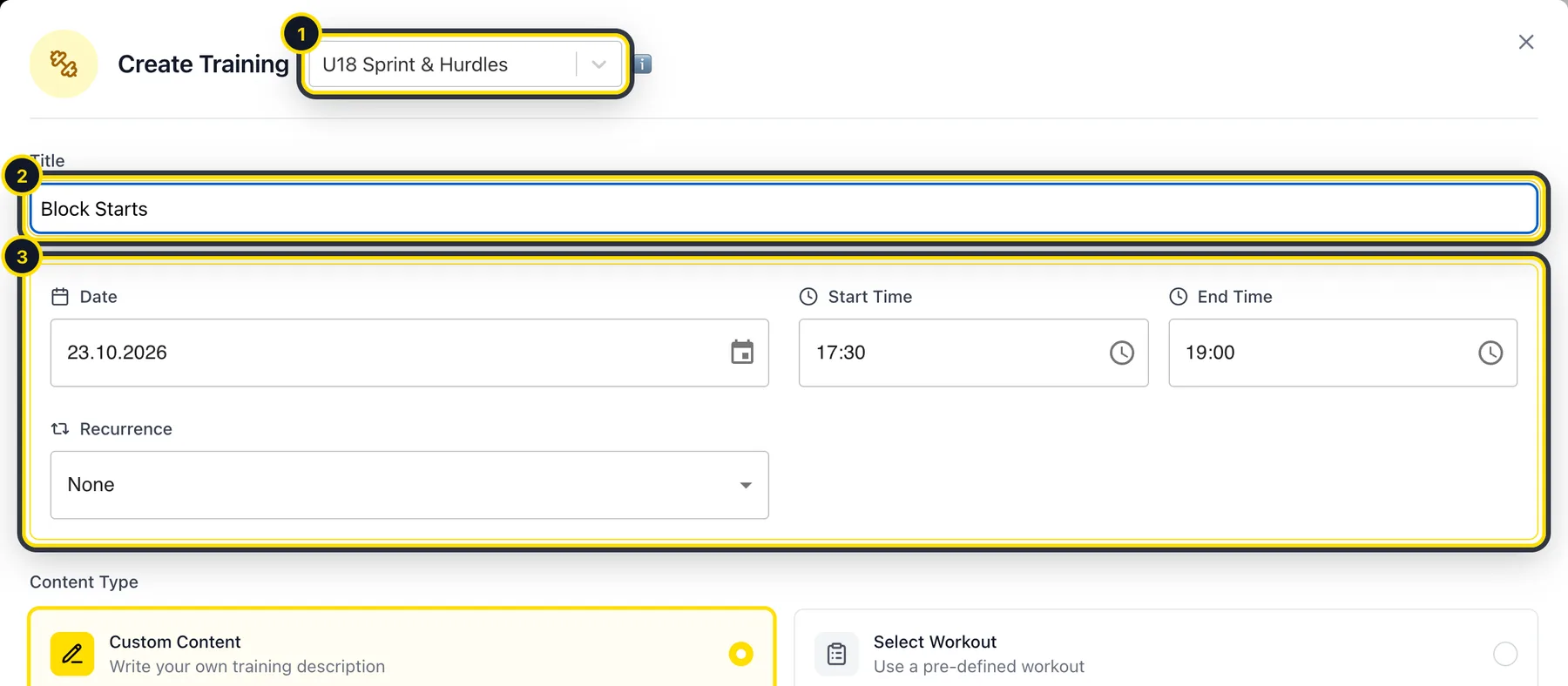 Create training form with group, title, date and time highlighted