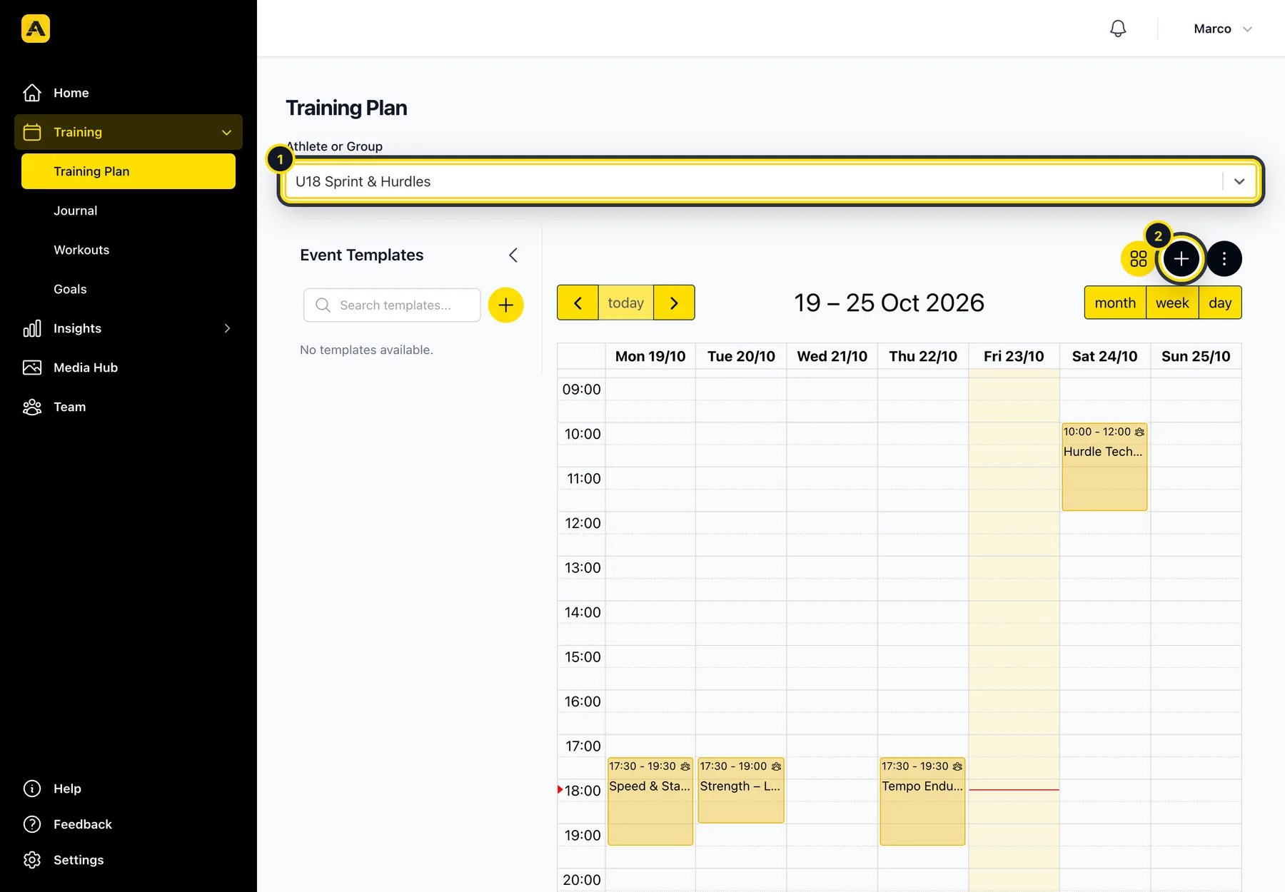 Training plan with the group selector and the plus button highlighted