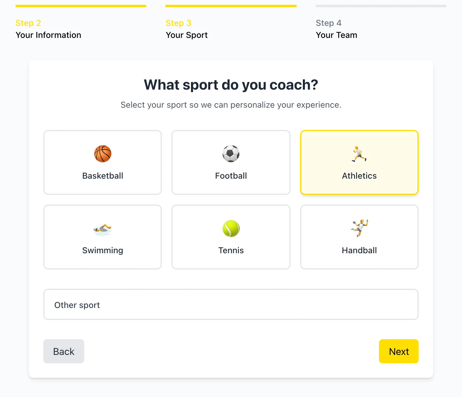 Onboarding step: choose your sport
