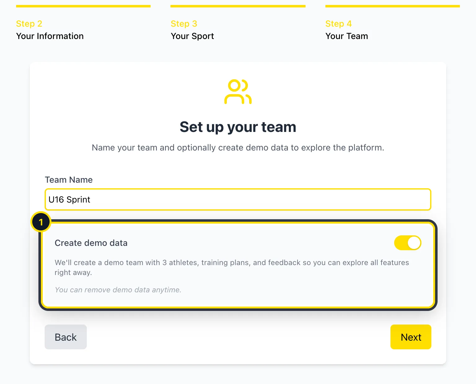 Onboarding step: team name and the demo data switch