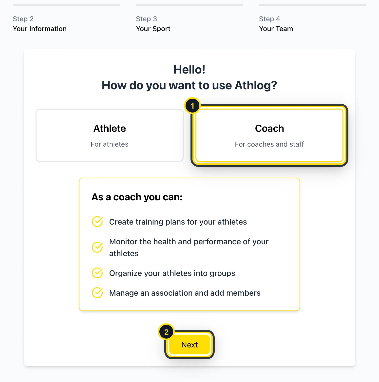 Onboarding step: choose between Athlete and Coach
