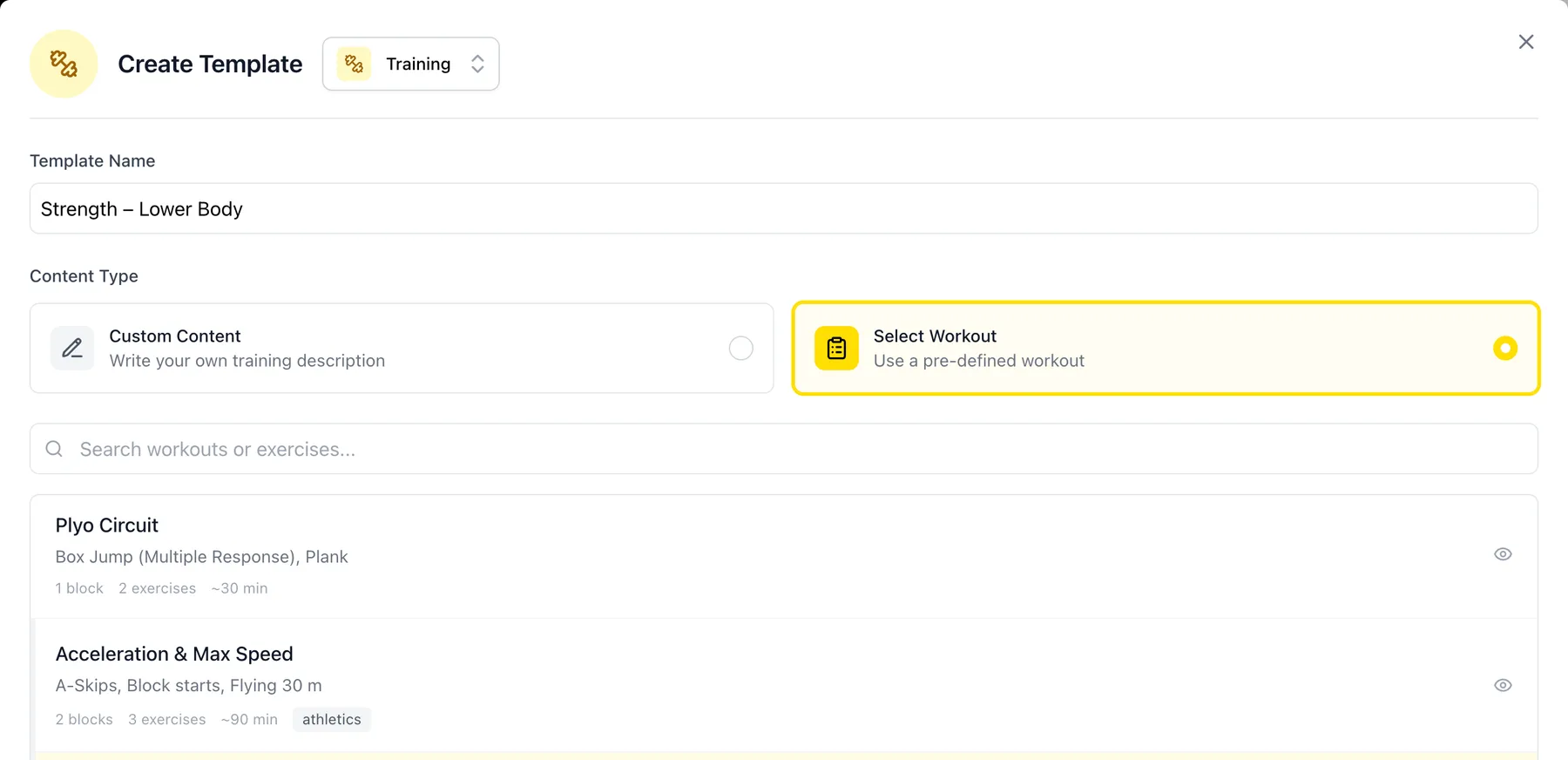 Create template form with a workout selected