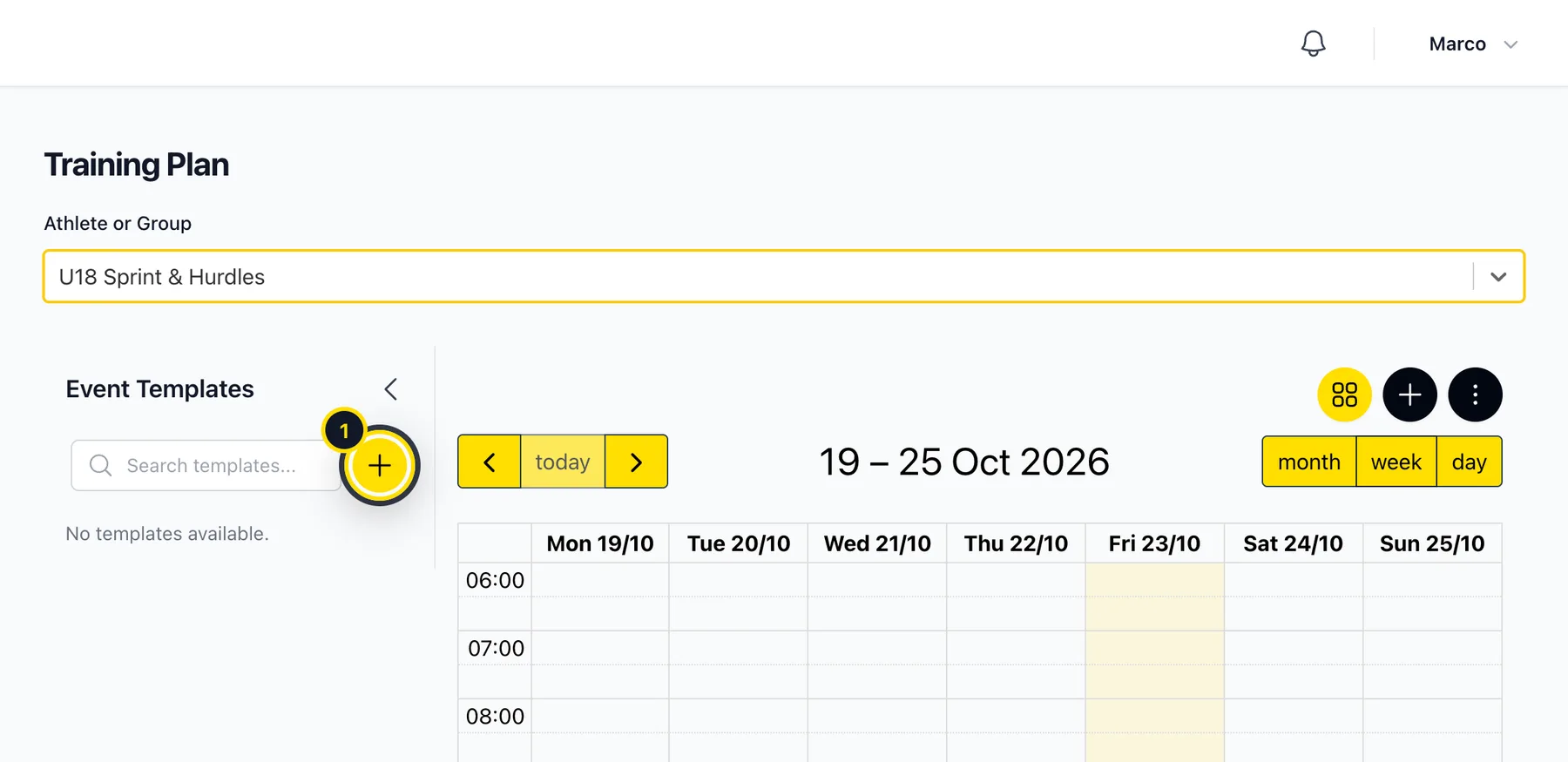 Training plan with the event templates sidebar and the plus button
