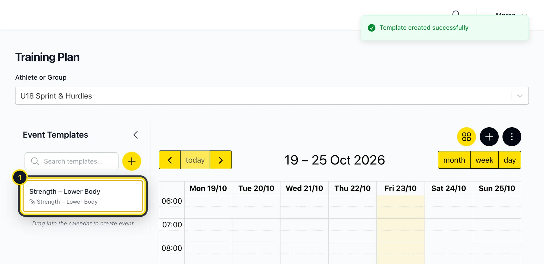 Event templates list with the new template