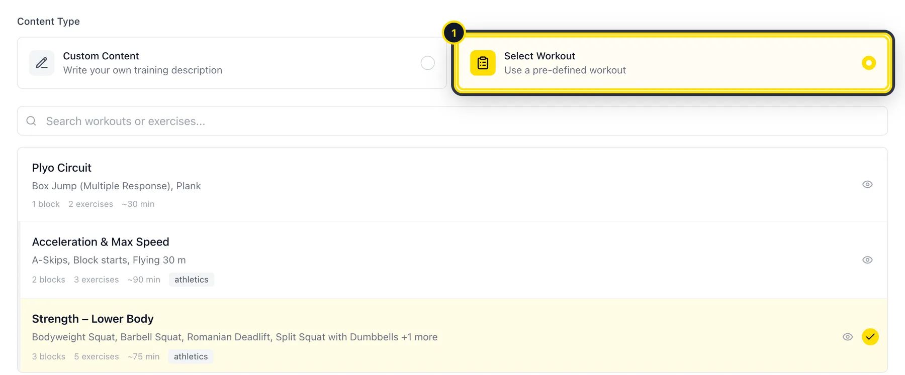 Session form with Select Workout chosen and a workout picked