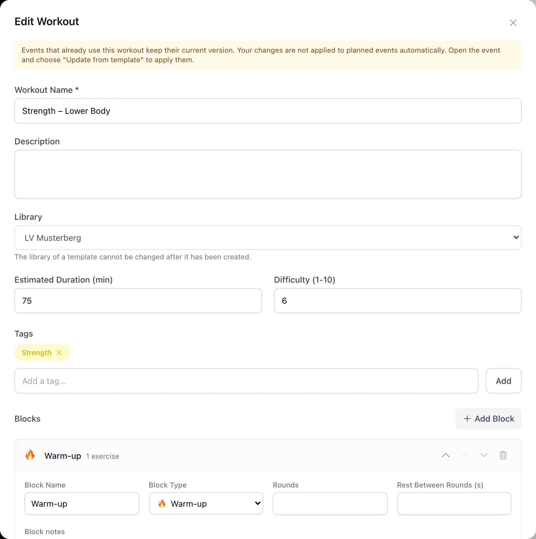 Workout builder with name, library, duration and tags
