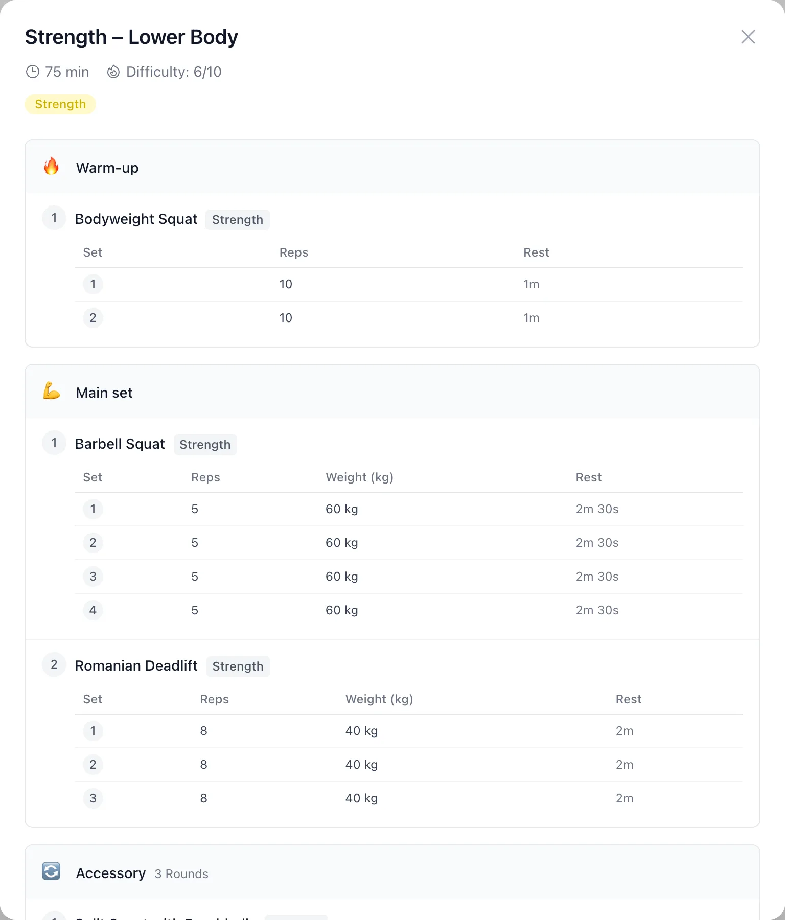 Workout preview with blocks, sets, reps and weight