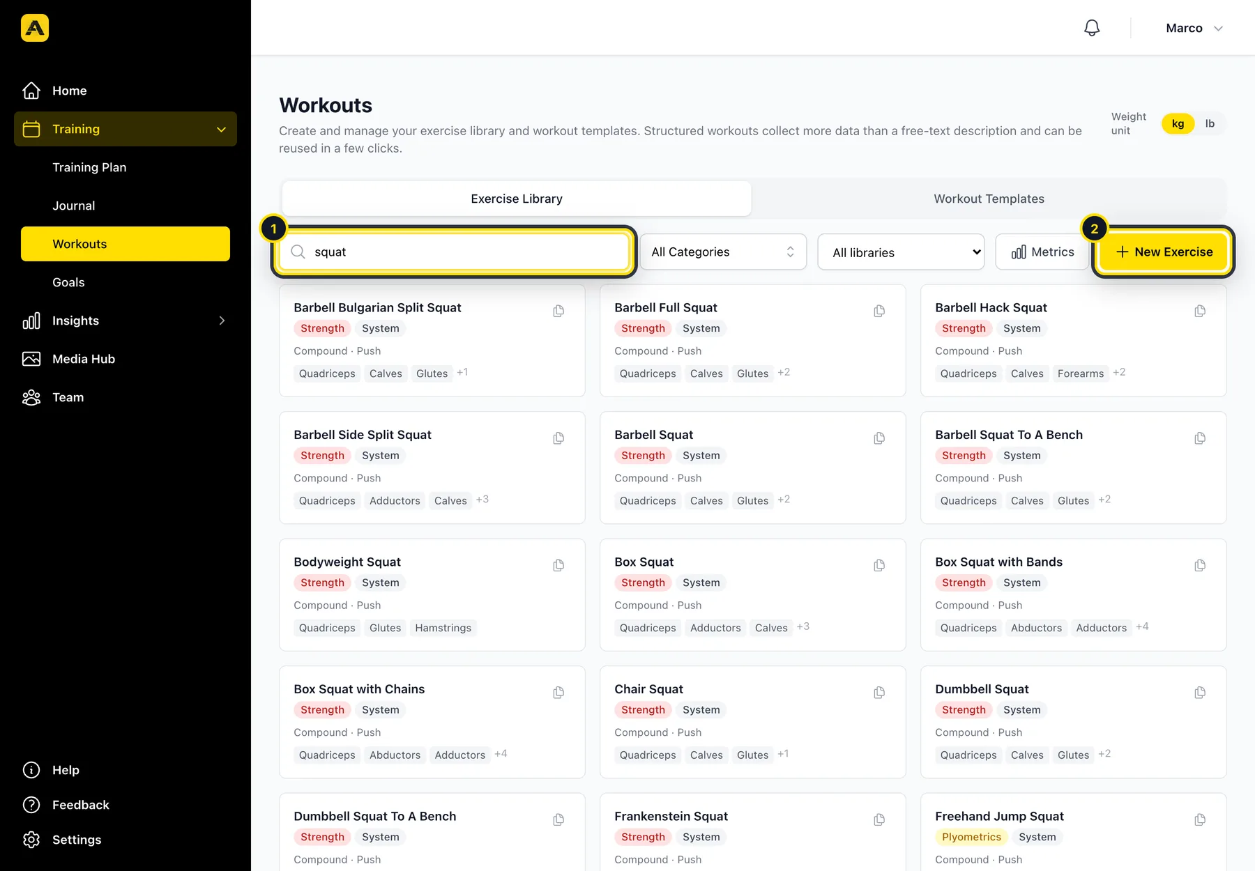 Exercise library with search and New Exercise button