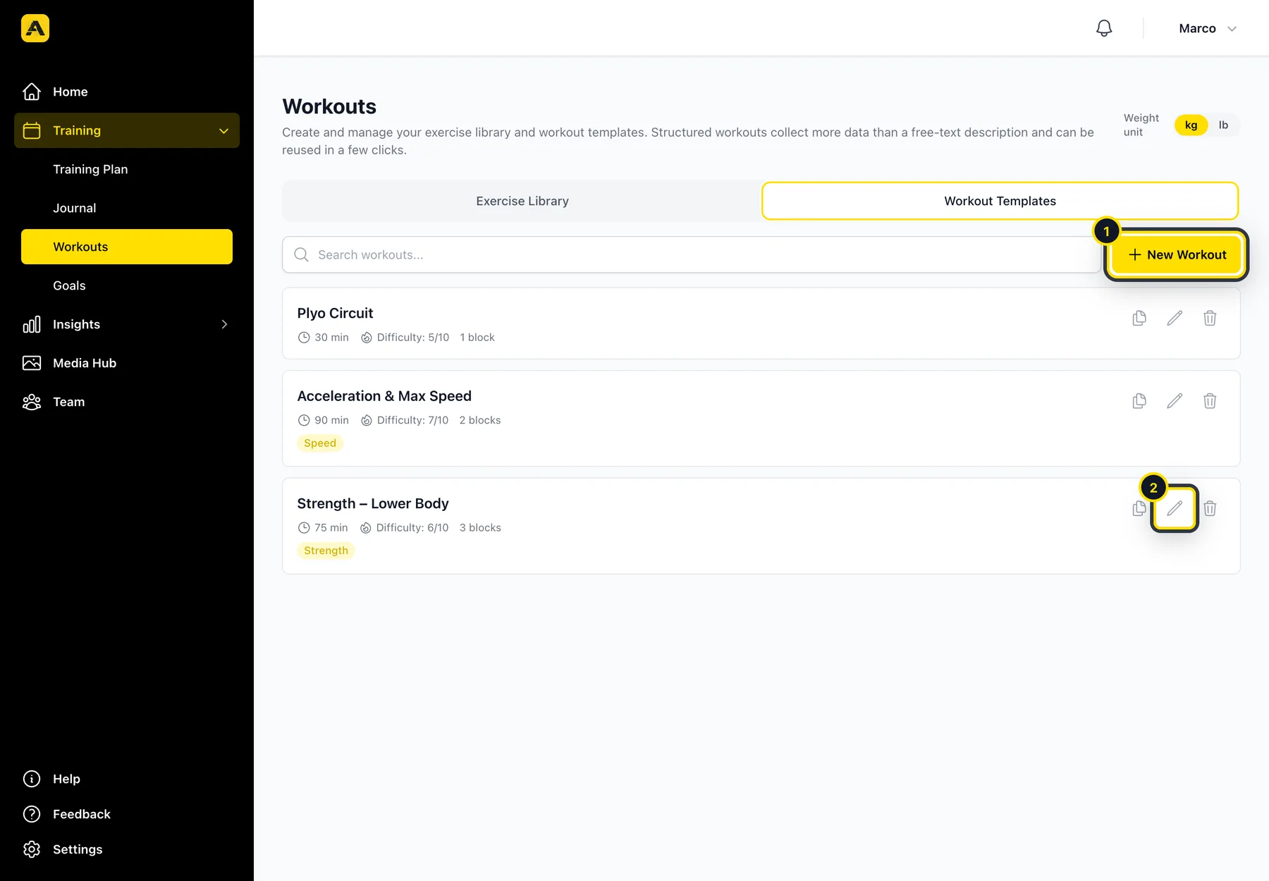 Workout templates list