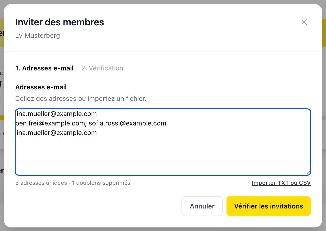 Fenêtre d'invitation des membres avec une liste d'adresses e-mail collée