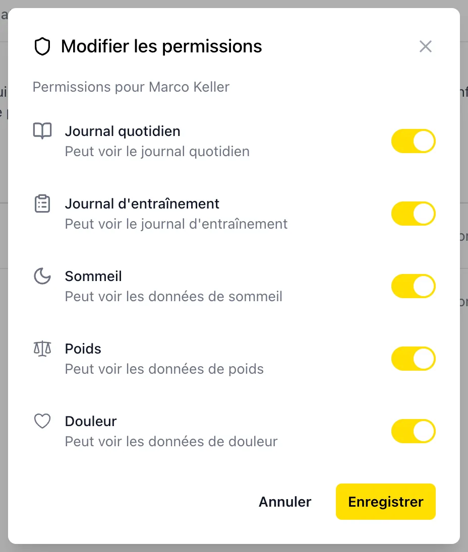 Fenêtre des permissions