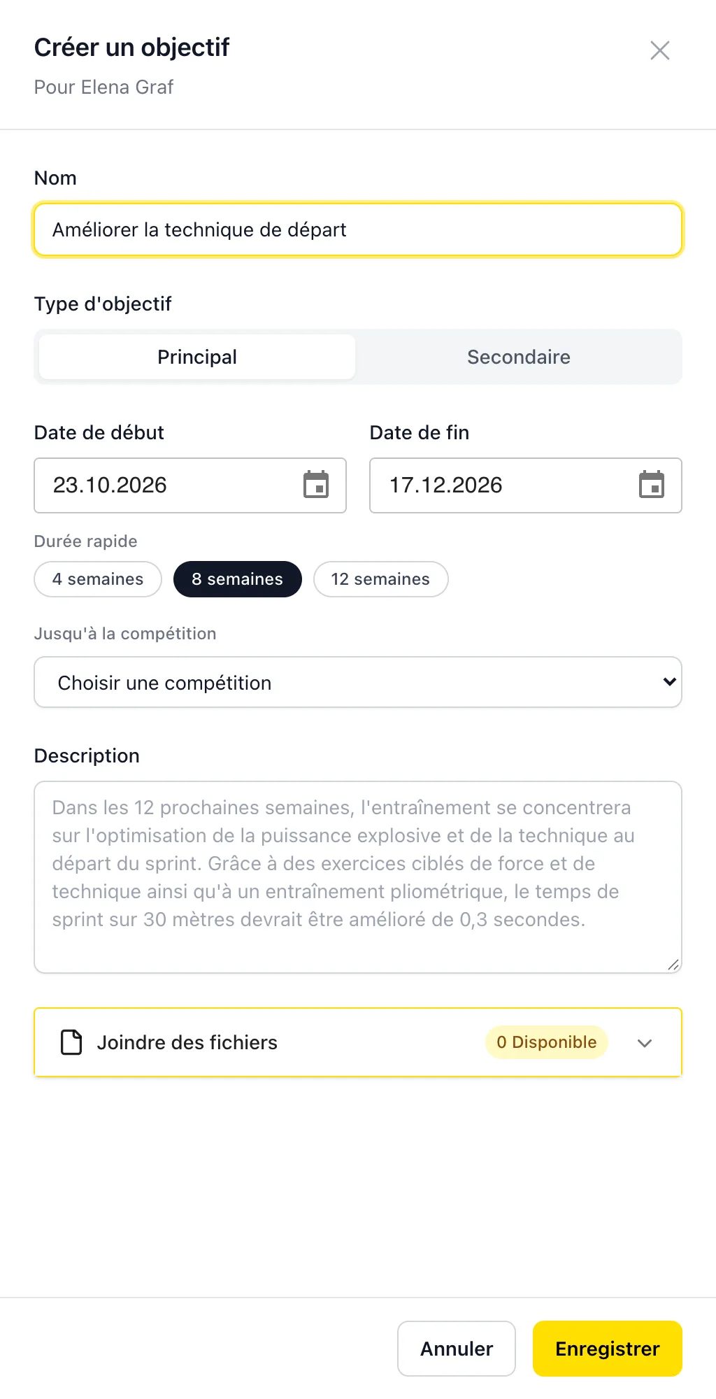 Fenêtre de création d'un objectif
