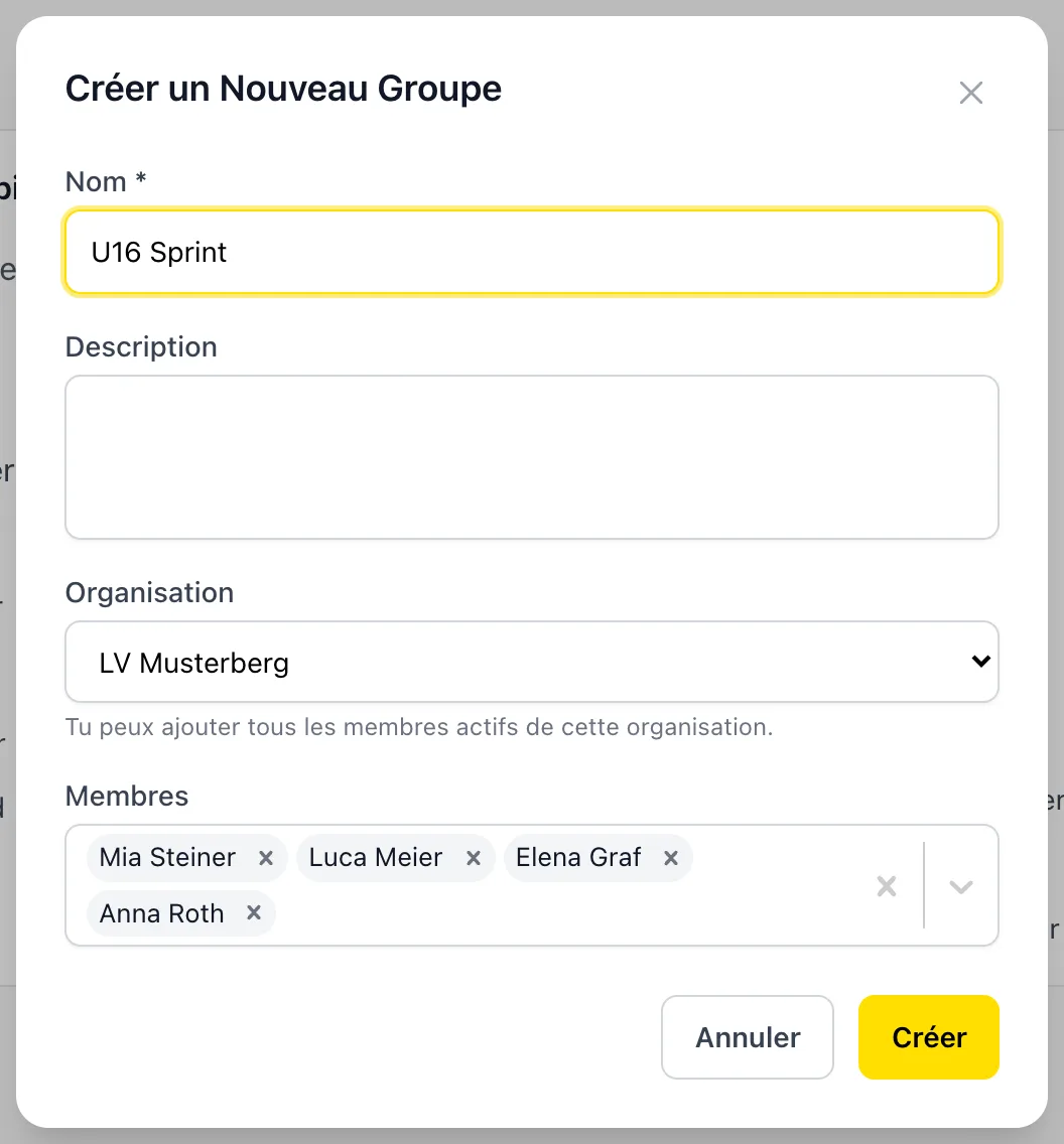 Fenêtre Nouveau Groupe avec le nom et les membres