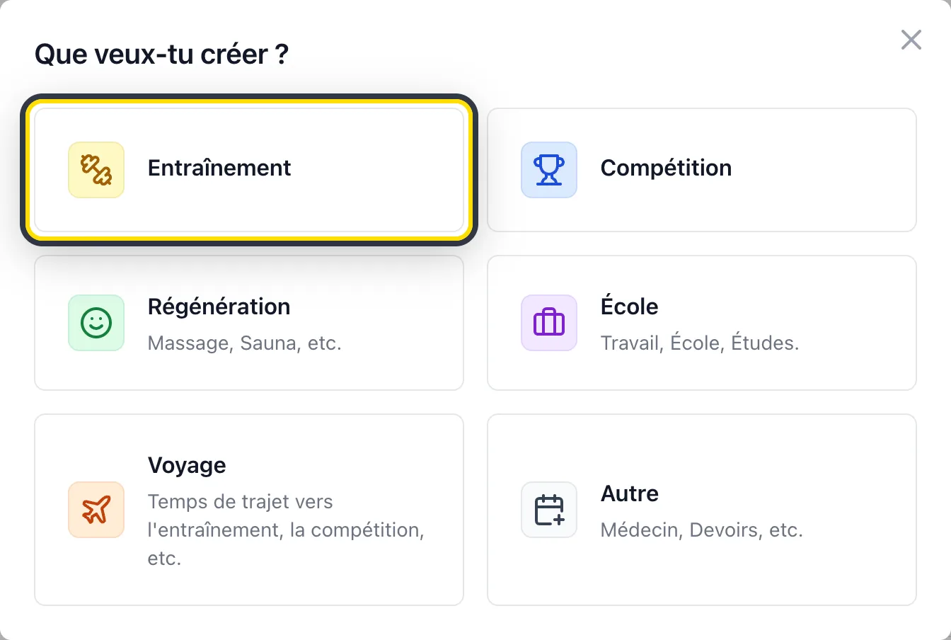 Fenêtre demandant ce que vous voulez créer, avec Entraînement mis en évidence