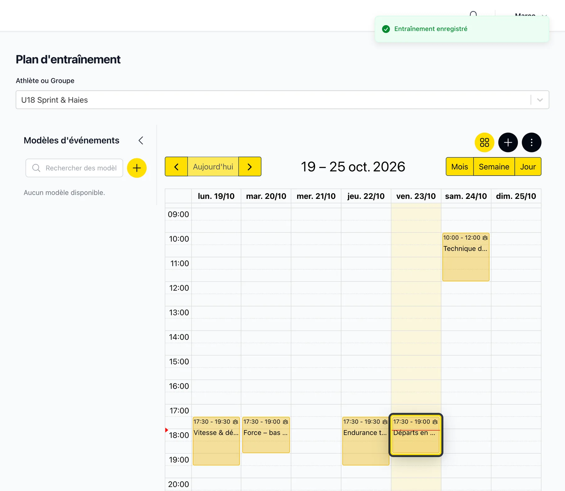 Calendrier affichant la nouvelle séance