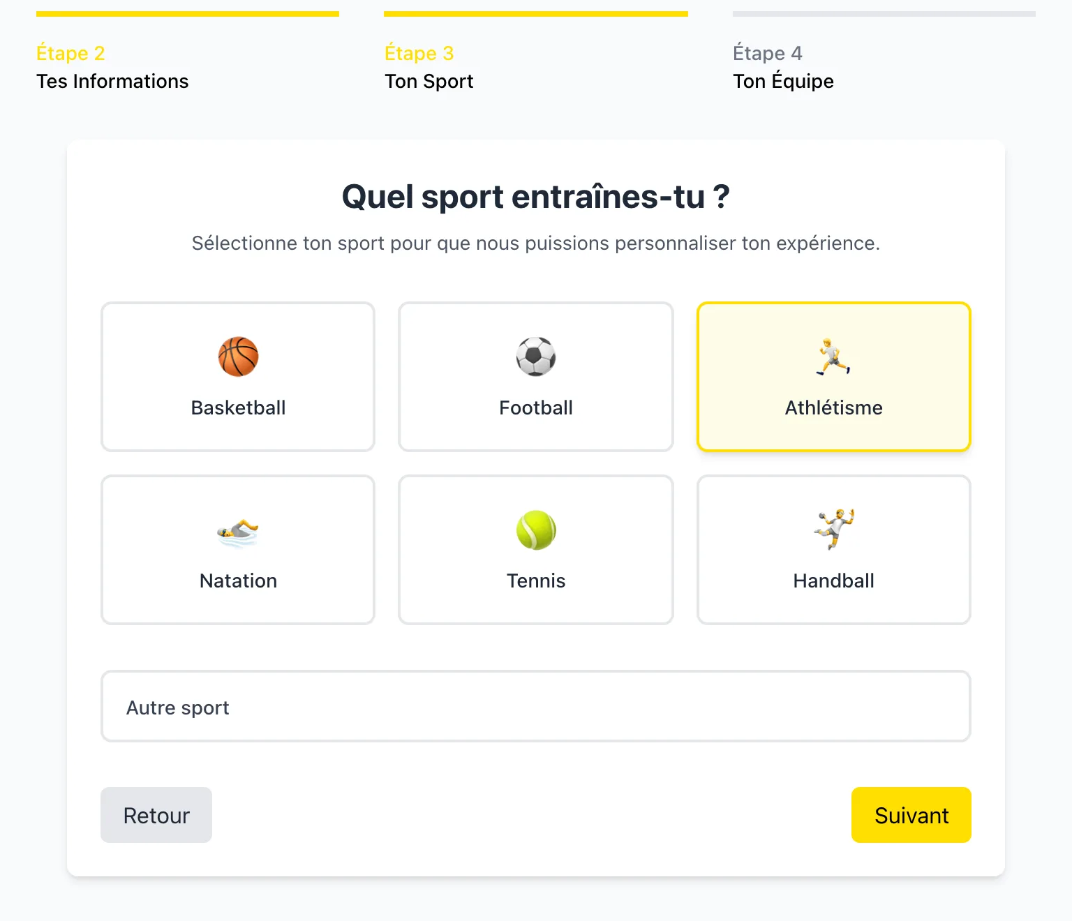 Étape d'accueil : choix du sport