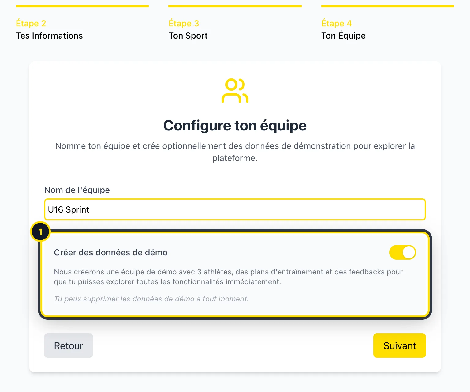 Étape d'accueil : nom de l'équipe et interrupteur des données de démo