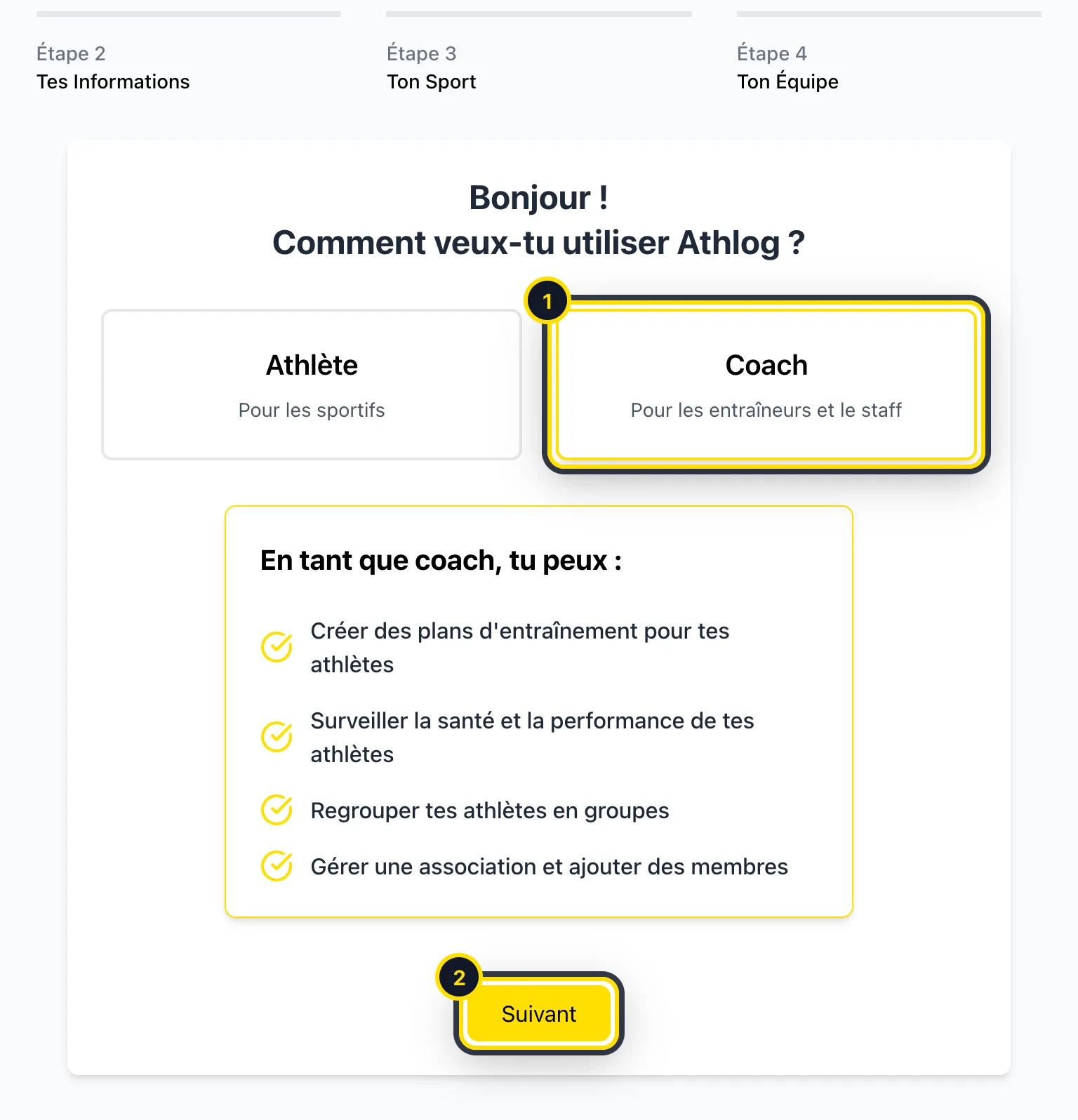 Étape d'accueil : choix entre Athlète et Coach
