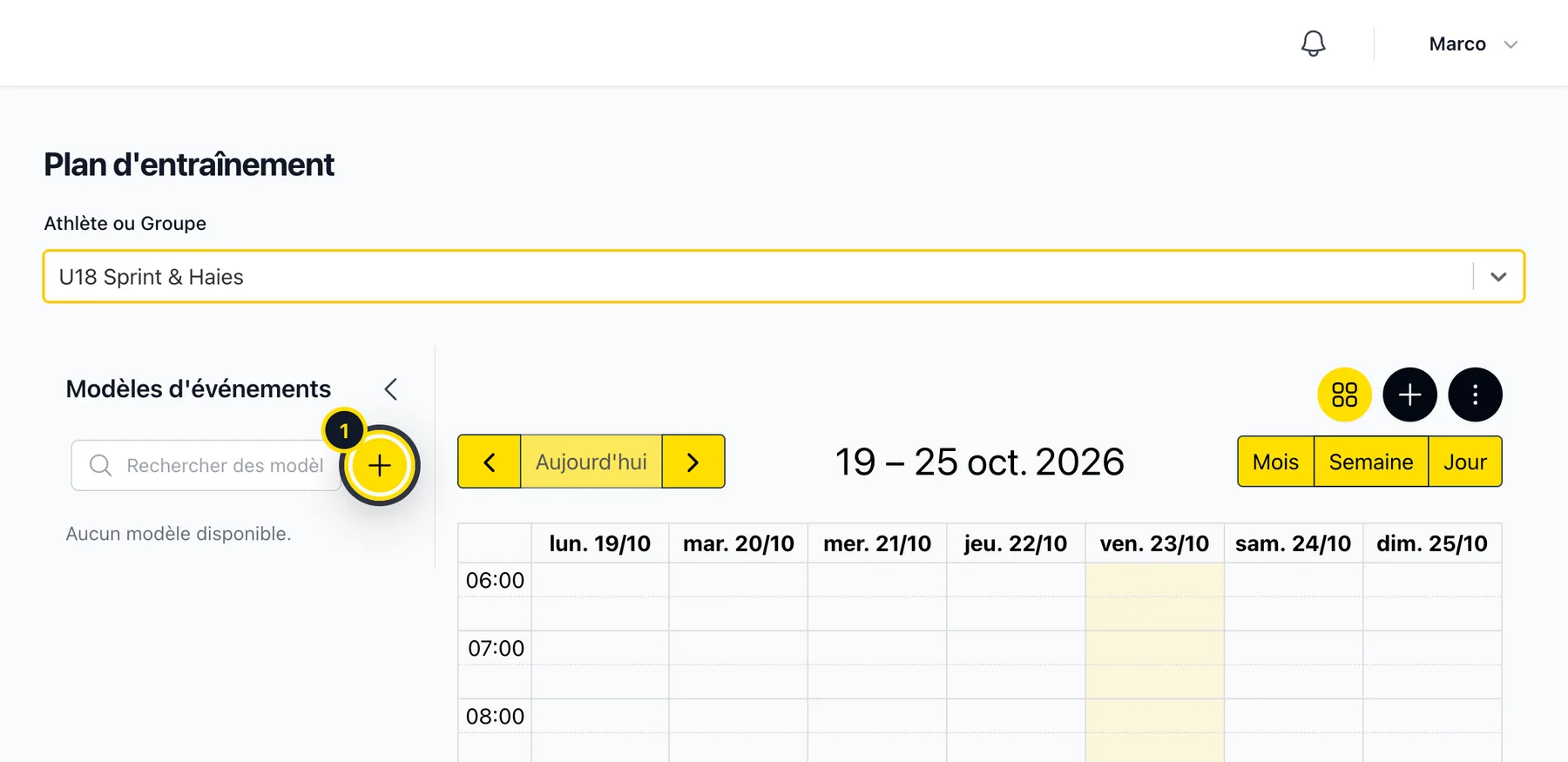 Plan d'entraînement avec la liste des modèles d'événements et le bouton plus