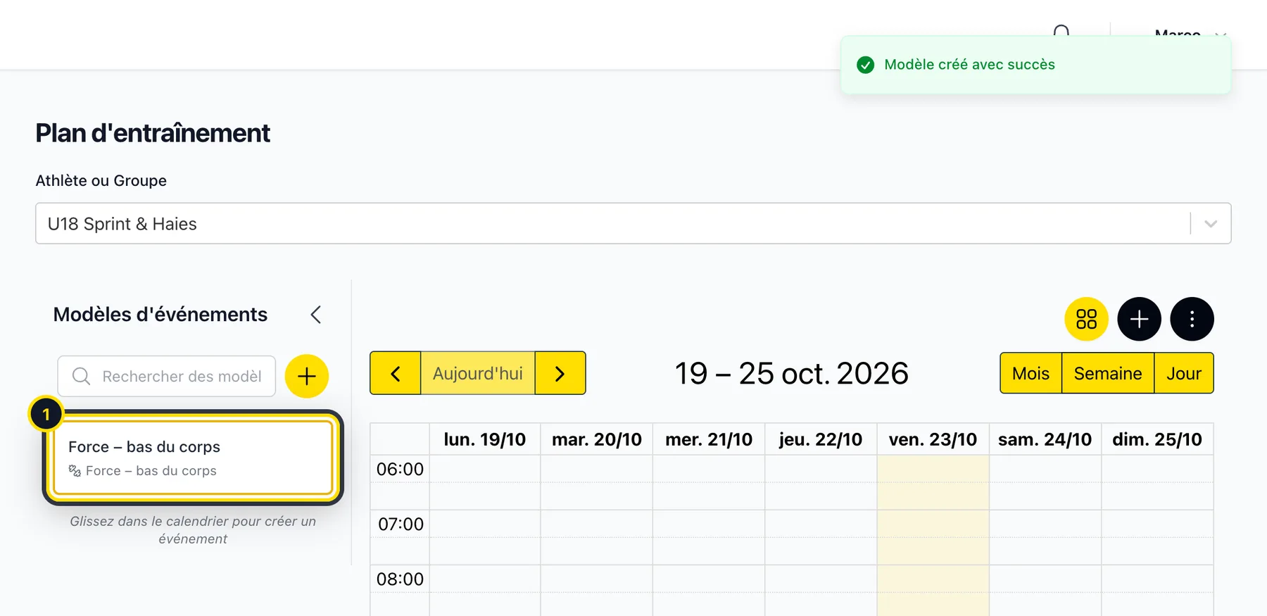 Liste des modèles d'événements avec le nouveau modèle