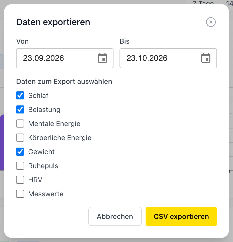 Dialog «Daten exportieren» mit Zeitraum und Datenarten