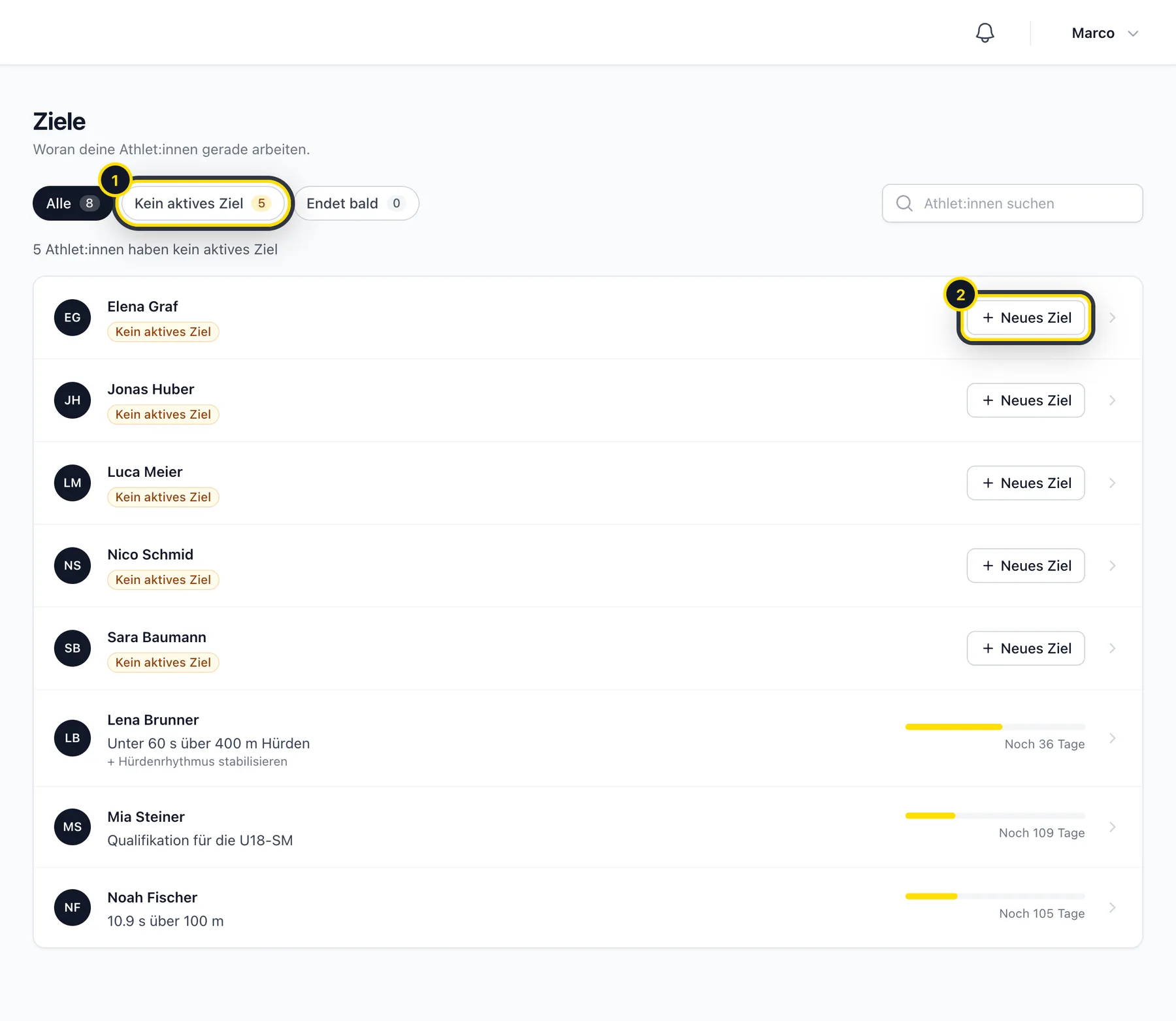 Zielübersicht mit Filtern und Buttons «Neues Ziel»